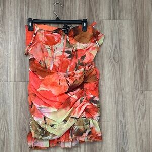 PrettyLittleThing Orange Floral Print Corset Frill Hem Bodycon Dress